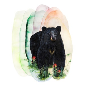 Rainbow wildflower black bear watercolor art | black bear art | black bear wildlife | black bear painting | watercolor bear
