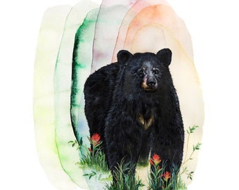 Black Bear Watercolor Art Print: Rainbow Wildflower Painting