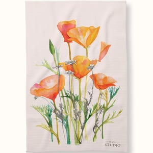 California Poppy Wildflowers Watercolor, kitchen towel, absorbent non-fading waffle weave cotton Dishtowel, handmade, watercolor painting