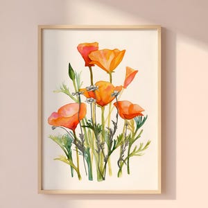 California Poppies & Chamomile Watercolor Print, Botanical Floral Art with Pencil Drawing