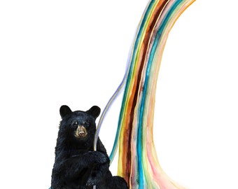 Rainbow Black Bear Watercolor Art Print: Gold Leaf Nursery Decor