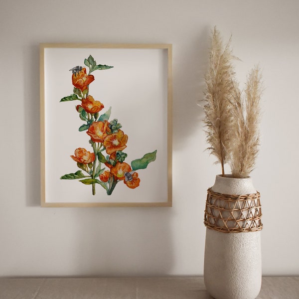 WildFlower Watercolor Art, Globe Mallow Flower Print, wildflower bouquet, Orange Flower home decor,  Bumblebee wings