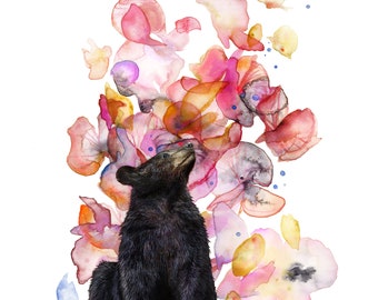 Black Bear Watercolor Art Print: Abstract Wildflower Decor