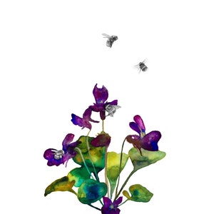 Unframed print, Native Violets Illinois State Flower, Abstract Watercolor,Fine Art Print, Bumblebee Art,Home Decor,Wall Decor, Purple Flower