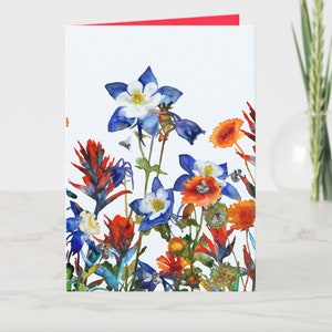 Carte de voeux de peinture aquarelle de fleurs sauvages, fleurs sauvages du Colorado, aquarelle abstraite, bourdons Iaer, décoration d'intérieur, carte de correspondance de fleurs