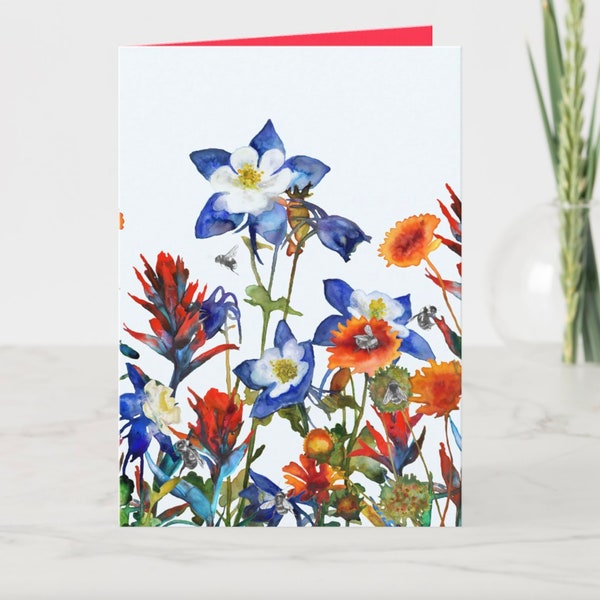 Wildflower Watercolor Painting Greeting Card, Colorado Wildflowers, Abstract Watercolor,Bumblebees Iaer, home decor, Flower Note Card