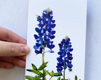 Mini Print Bluebonnet Print, Blue Texas Bluebonnet Flower, Bumblebees Illustration, wall art,home decor, gifts, print series
