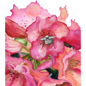 Rhododendron Watercolor Painting Fine Art Painting Print, Washington State Flower Art Print,  Coast Rhododendron, Pink Flowers, Bumblebees