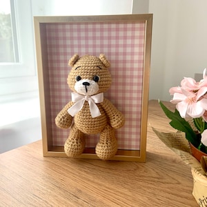 Baby room décor. Personalised new baby gift. Amigurumi boxed frame.  Amigurumi bunny.