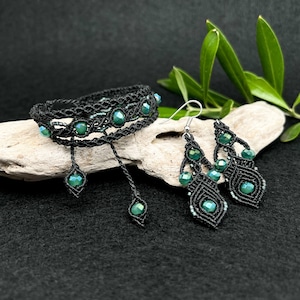 Set Gioielli Macramè Cristallo Verde - Parure Orecchini e Bracciale Nero Boho Chic - Regalo Donna Particolare Elegante - Made in Italy