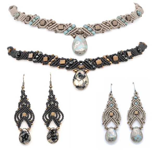 Girocollo e Orecchini donna Artigianato in Macramè Perline e goccia in vetro, colori turchese, nero, bronzo e oro antico - Elegante regalo