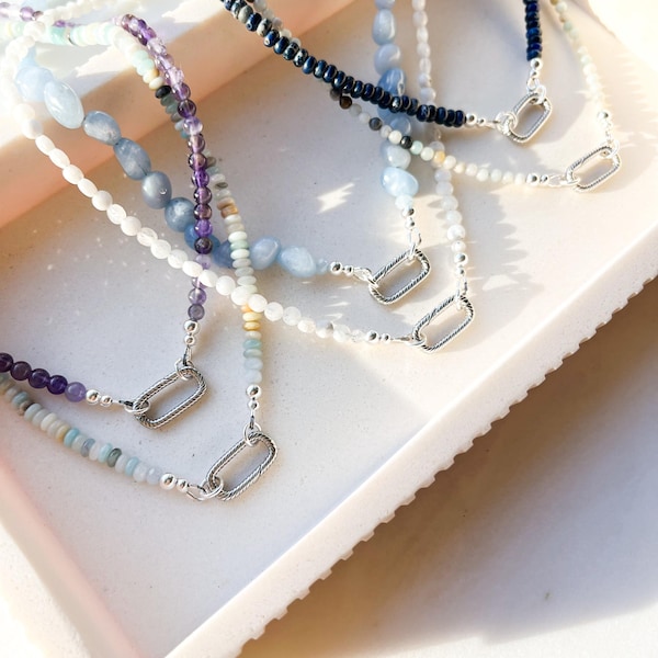 Collar con dijes de piedras preciosas de plata / Gargantilla con mosquetón para dijes Piedras naturales y perlas de agua dulce