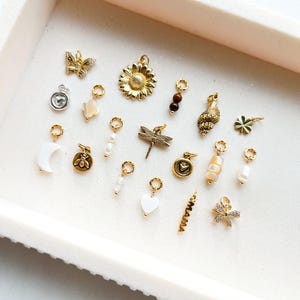 May include: A collection of gold-toned charms and pendants, including a butterfly, sunflower, dragonfly, and heart. Other charms include a crescent moon, a bee, and a bow. The charms are displayed in a white tray.