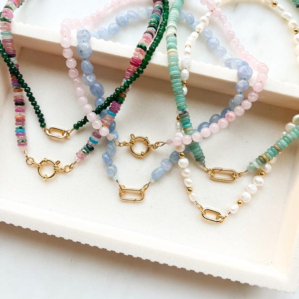 Collar / Gargantilla con dijes de piedras preciosas y cuentas Mosquetón para dijes Piedras naturales y perlas de agua dulce