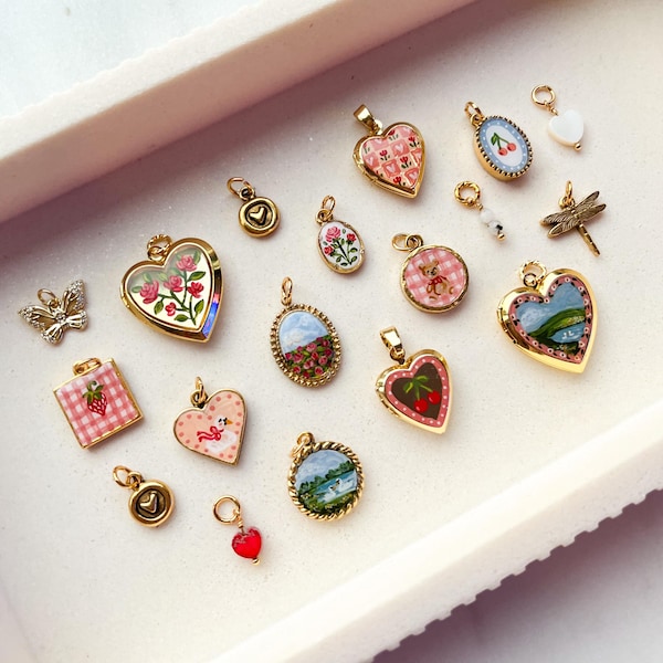 Handpainted Valentines Day Charm | Gold Swan, Rose, Teddy Bear, Gingham