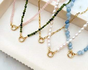 Gold Chain or Gemstone Beaded Charm Necklace | Carabiner Chocker for charms Natural Stones and freshwater pearls