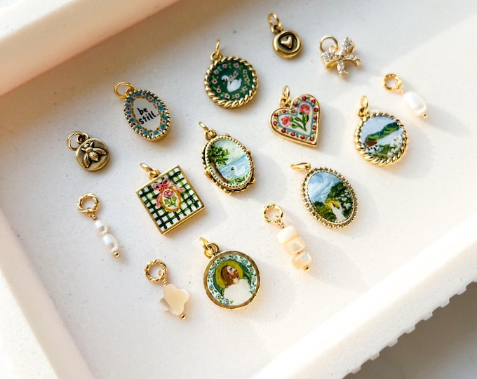Be Still Handmade and Handpainted Charms | Cottage Rose Daisy Lily Swan Jesus Christ Flowers | Gold Plated Antique Charms Necklaces Bracelet