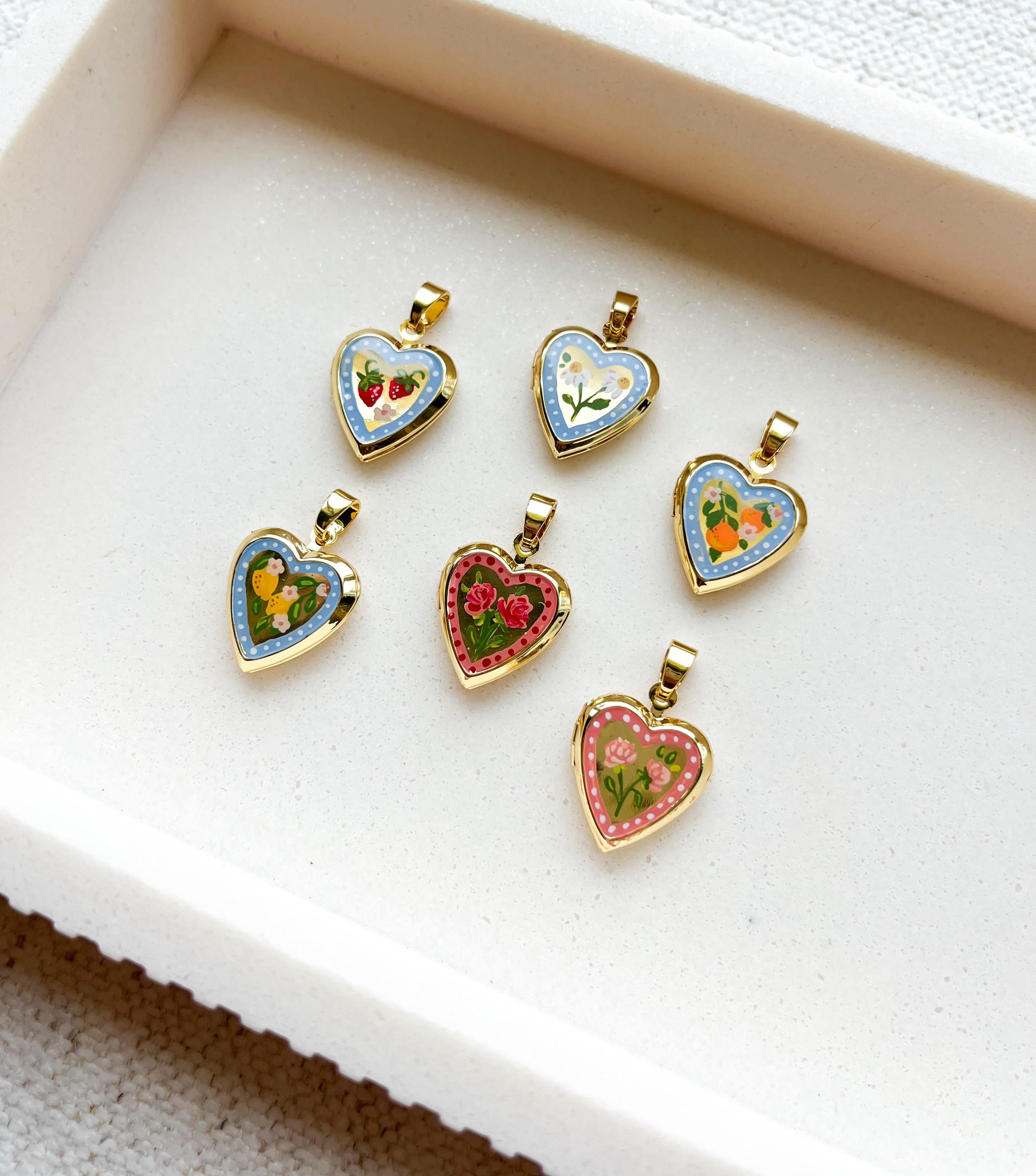 Handpainted Locket Charm | Art Flowers Berries Oranges Lemons | Gold Plated Locket Pendant for Bracelets or Necklaces