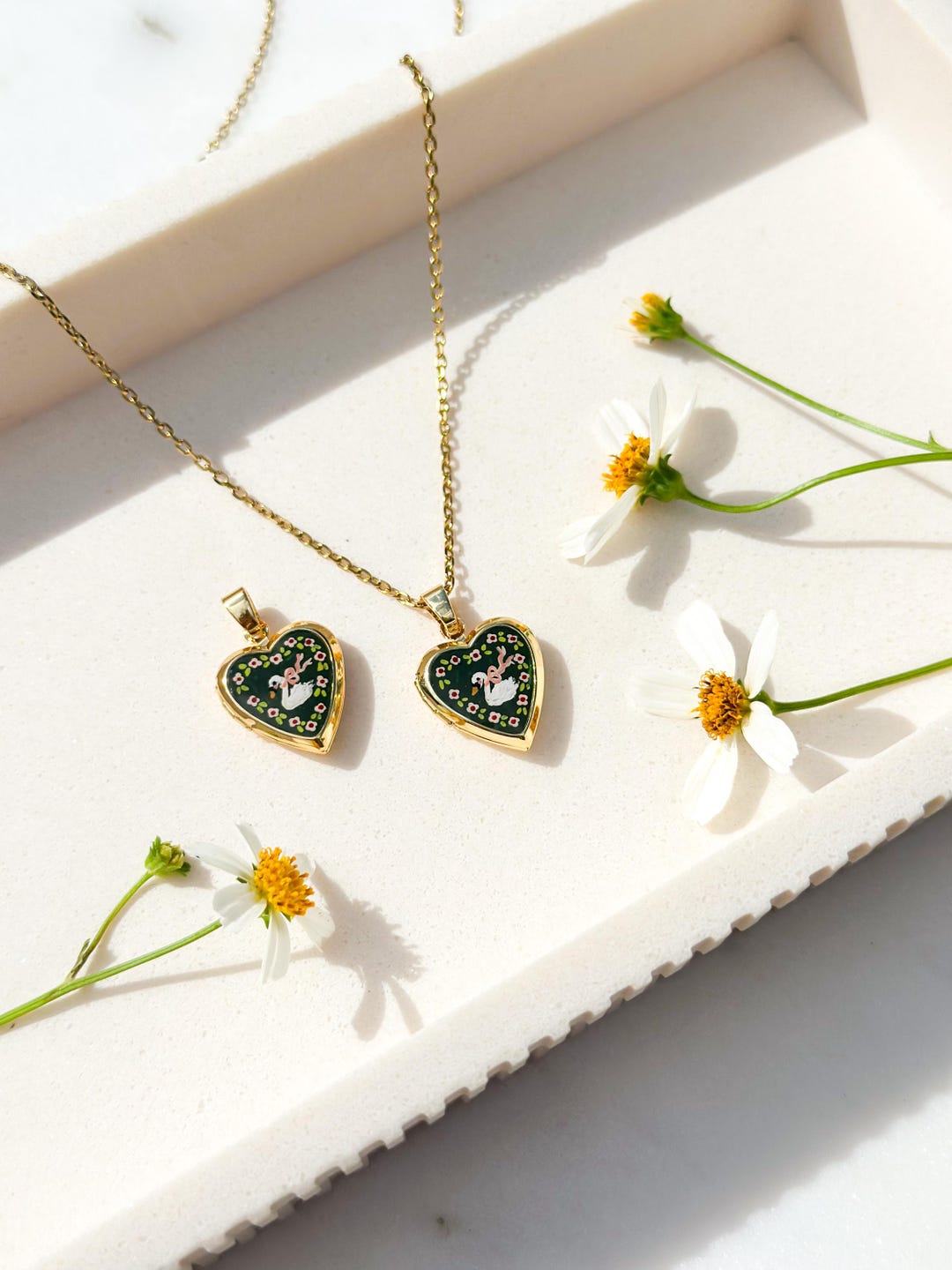 Hand-painted Swan Locket Necklace | Gold Plated Heart Pendant - Etsy