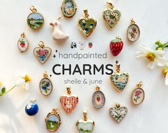 Goose Berry Handmade and Handpainted Charm | geese strawberry blueberry daisy flower | Gold Clay Charms and Lockets for Necklaces