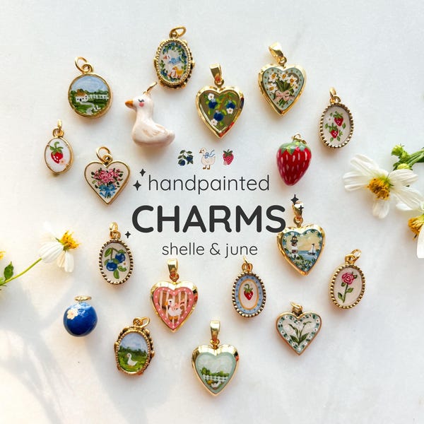 Abalorio artesanal y pintado a mano de grosella / Gansos, fresas, arándanos, margaritas / Abalorios y medallones de arcilla dorada para collares