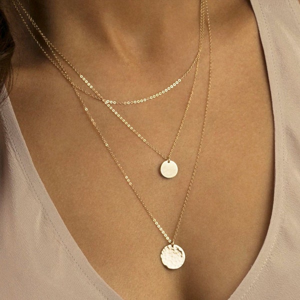 Vielseitige Halsketten-Set mit 3 Halsketten, Disc-Halskette, Choker-Multi-Halskette, handgemachter minimalistischer Schmuck, individuelles Geschenk für sie