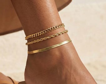 Dainty Gold Anklet Set of 3, Cuban Rope Herringbone Ankle Bracelets, Minimalist Layering Stack, Summer Jewelry, Perfect Gift For Her