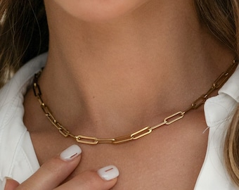 Collier chaîne à maillons dorés | Collier trombone à maillons | Colliers chaîne minimalistes à superposer | Bijoux bohèmes | Cadeau parfait pour elle