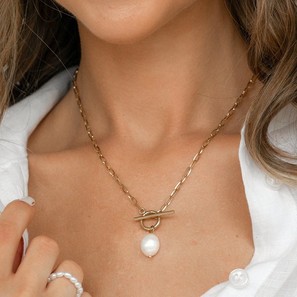 Collier de perles avec fermoir en T | Collier à bascule en or pour femme | Bijoux de demoiselle d'honneur minimalistes | Cadeau parfait pour elle | Cadeau d'anniversaire