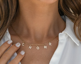 Nom personnalisé avec initiales pavées délicates, Bijoux faits main avec lettre personnalisée | Collier lettres pendantes et diamants CZ, cadeau pour elle