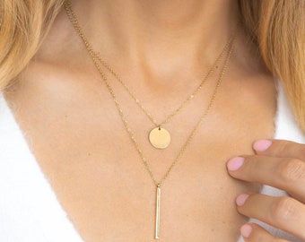 Double Chain Gold Necklace Set of 2, Combo Necklaces Set, Custom Gift, Beaded Necklace Disc Engraved Necklace, Minimalist Necklace Gift idea