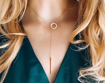 Collier doré style lariat, collier en Y, colliers minimalistes, bijoux en or et argent faits main, cadeau pour maman, cadeau pour elle, idée cadeau pour elle