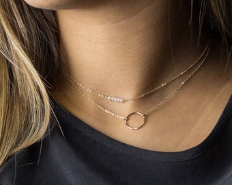 Doppelte Goldketten-Halsketten-Kombi-Set aus 2 Halsketten, Ring-Halskette, individuelles Geschenk, Perlen-Choker, minimalistisches Schmuckgeschenk für sie