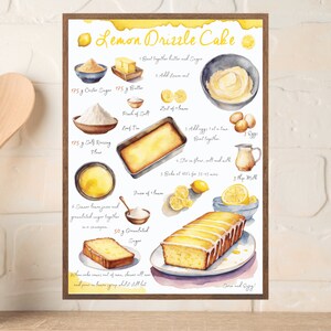 Ricetta della torta al limone, ricetta stampabile per dolci, ricetta illustrata, stampa di cucina, stampa di limoni, arte da cucina, stampa di dessert, ricetta ad acquerello