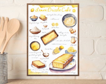 Lemon Drizzle Cake Recipe, Baking Printable, Illustrated Recipe, Cooking Print, Lemon Print, Kitchen Art, Dessert print, Watercolour Recipe