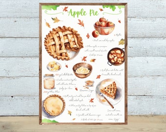 Apple Pie Print, Baking Printable, Illustrated Recipe, Cooking Print, Recipe Print, Kitchen Art, Dessert print, Watercolour Recipe, Autumn