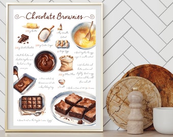 Chocolate Brownie Recipe, Baking Printable, Illustrated Recipe, Cooking Print, Recipe Print, Kitchen Art, Dessert print, Watercolour Recipe