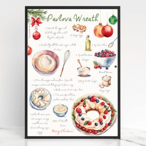 Christmas Pavlova Wreath Print, Baking Printable, Illustrated Recipe, Christmas Gift, Meringue Cake, Watercolour Recipe, Kitchen Wall Art