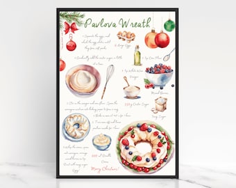 Christmas Pavlova Wreath Print, Baking Printable, Illustrated Recipe, Christmas Gift, Meringue Cake, Watercolour Recipe, Kitchen Wall Art