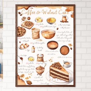 Impresión de pastel de café, impresión para hornear, receta ilustrada, impresión de cocina, impresión de recetas, arte de cocina, impresión de postres, receta de acuarela, nuez