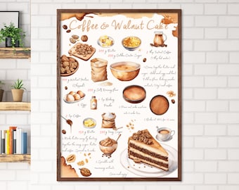 Coffee Cake Print, Baking Printable, Illustrated Recipe, Cooking Print, Recipe Print, Kitchen Art, Dessert print, Watercolour Recipe, Walnut