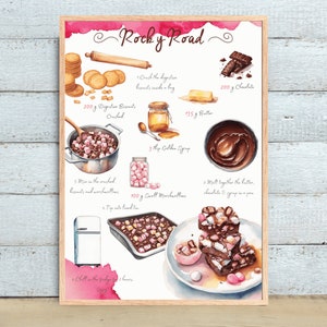 Rocky Road Recipe, Baking Printable, Illustrated Recipe, Cooking Print, Recipe Print, Kitchen Art, Dessert print, Watercolour Recipe, Treat