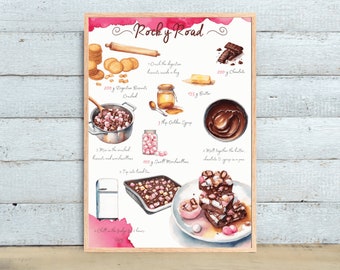 Rocky Road Recipe, Baking Printable, Illustrated Recipe, Cooking Print, Recipe Print, Kitchen Art, Dessert print, Watercolour Recipe, Treat