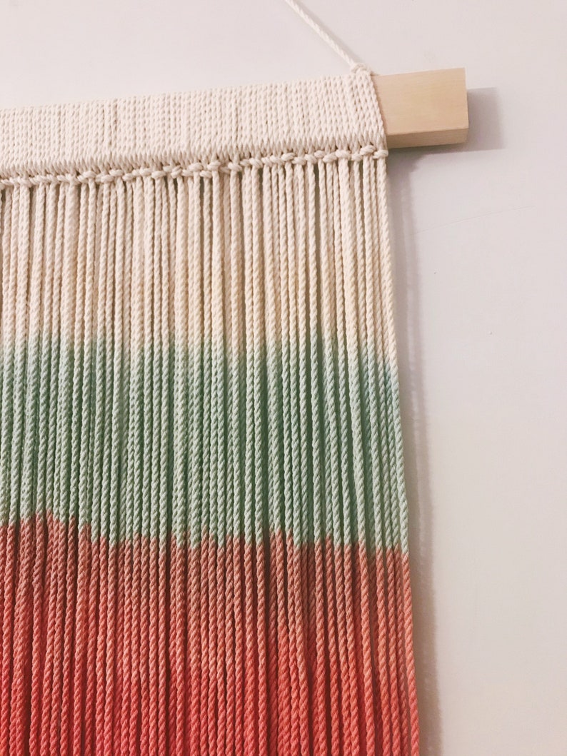 Dip dyed fiber art Woven tapestry Wall decor Large macrame Green red ombre macrame 46x54cm Medium macrame tapestry Wall hanging 18\u201dx21\u201d