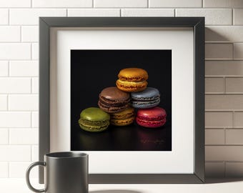 Colorful French Macarons Wall Art, Food Photography Print, Kitchen Decor, Macaroon Still Life, Bakery Art Poster, Sweet Dessert Lovers Gift