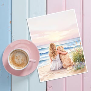 Girl and Golden Retriever Beach Art Print: Pastel Coastal Decor (Unframed)