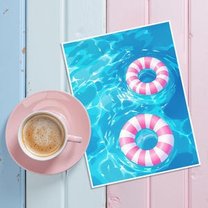 Pink Striped Inner Tube Art Print: Preppy Summer Pool Poster (Unframed)