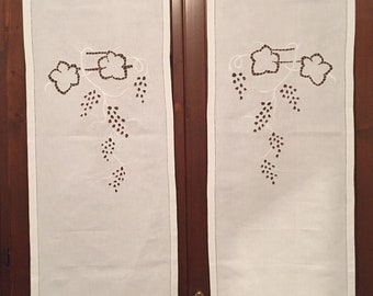 Pair of handmade curtains with post-war machine embroidery and crochet edge. Piece. One of a kind.