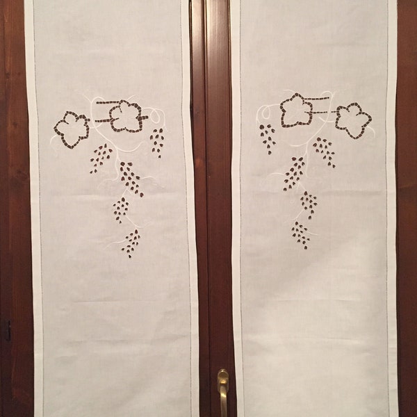 Pair of handmade curtains with post-war machine embroidery and crochet edge. Piece. One of a kind.