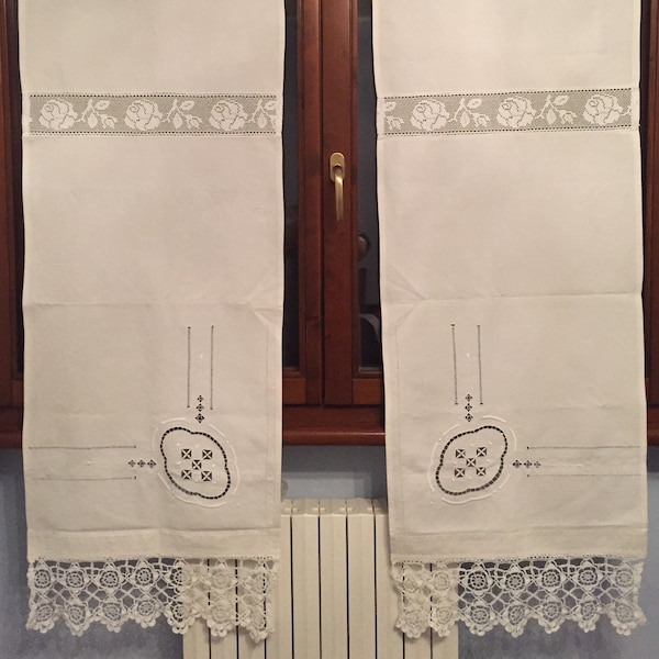 Pair of pure linen curtains, hand-embroidered with carving stitch, full stitch and English stitch with crochet edge. Piece.